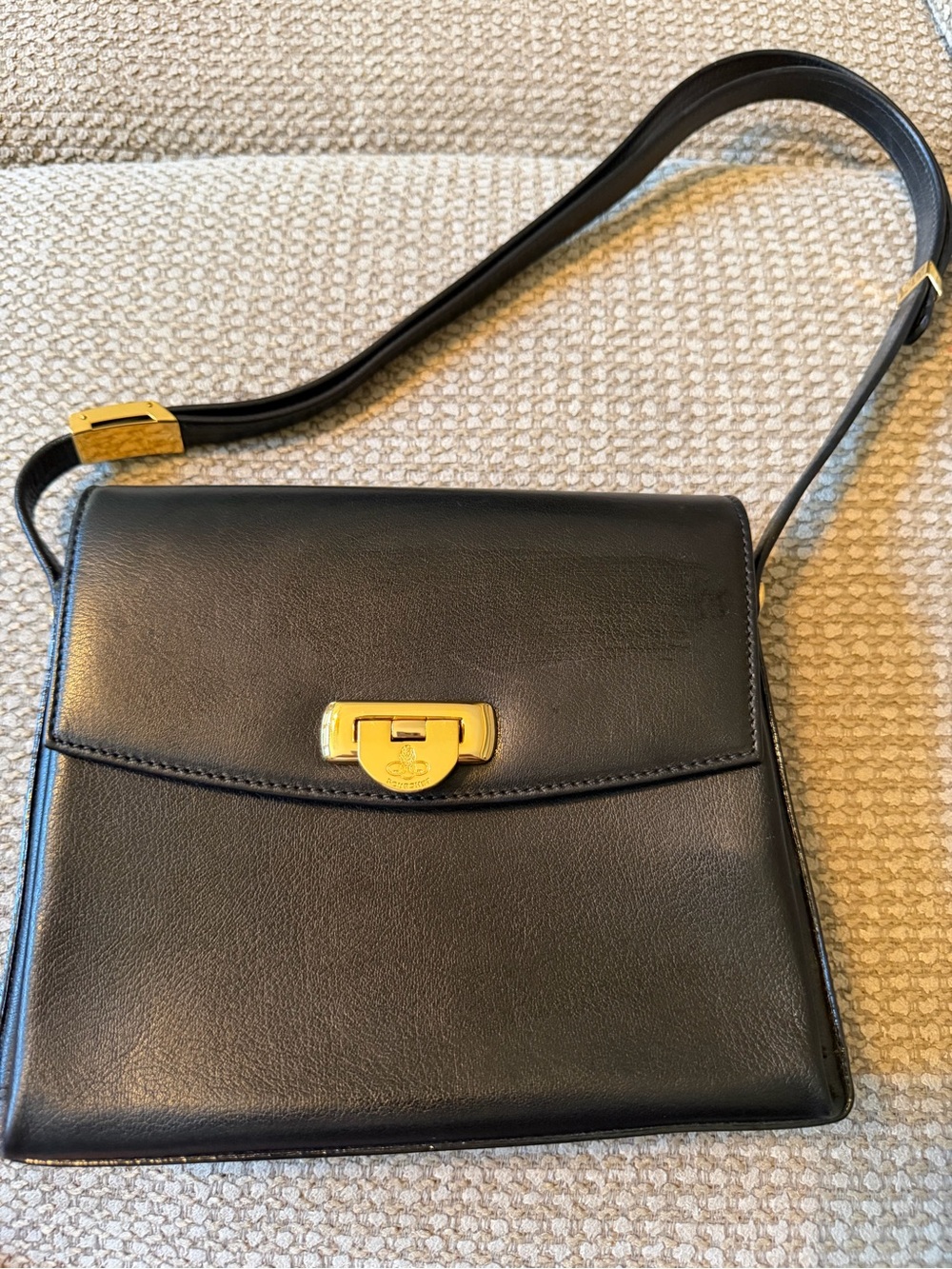 Authentic Black Leather Top-Handle Crossbody Bag with Gold Hardware